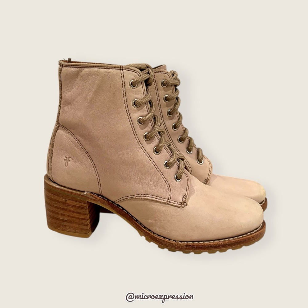 $399 Frye Sabrina 6G Lilac Pink/Cream Leather Lace Up Block Heeled Ankle Booties - Picture 16 of 16